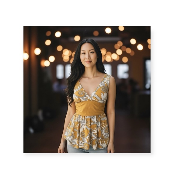 Come Como ❁ Printed Plunging V Neck Tunic Cami Tank ❁ Goldenrod + Ivory ❁ Large - Picture 1 of 16